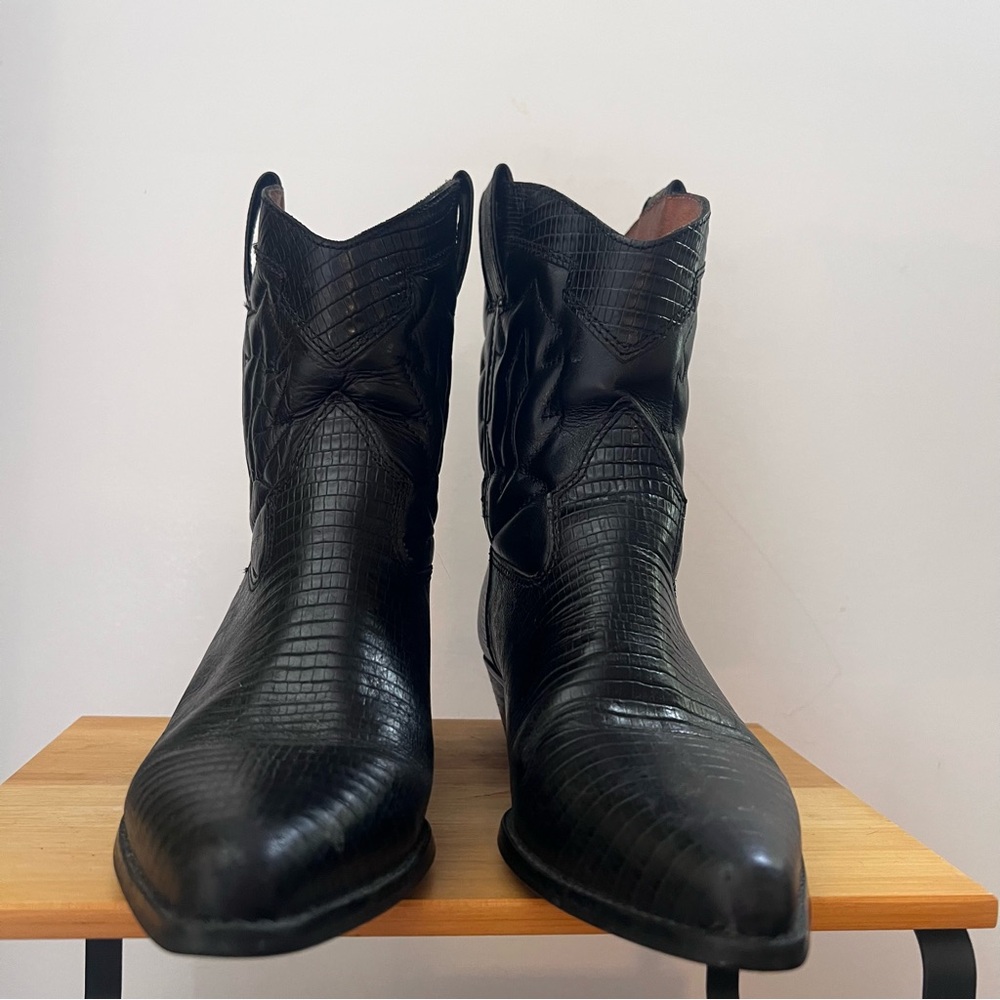 Nine West Black Real Leather Textured Western Ankle Boots Cowgirl